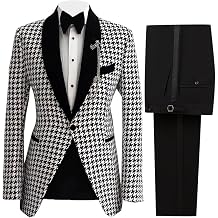 Mens Slim Fit Houndstooth Plaid Dogstooth Tuxedo Jacket Prom Wedding Party Groom Blazer Coat Pant Suit