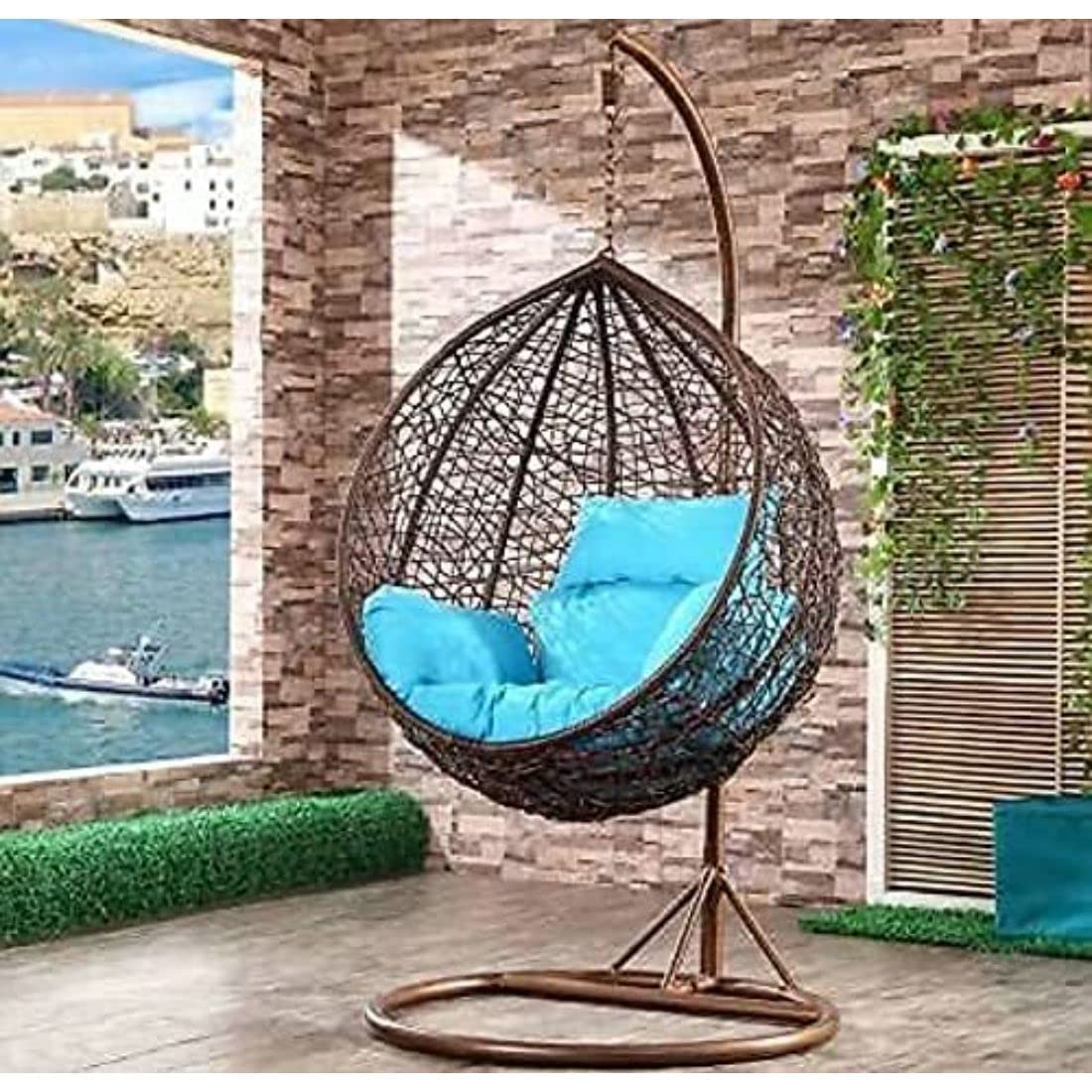 Single Seater Swing Chair JHULA with Stand & Cushion, Outdoor Indoor Balcony Garden Patio, Powder Coated Frame, UV Protected Wicker, Premium Cushion(1 Year Warranty) (Black/Blue)-image-41