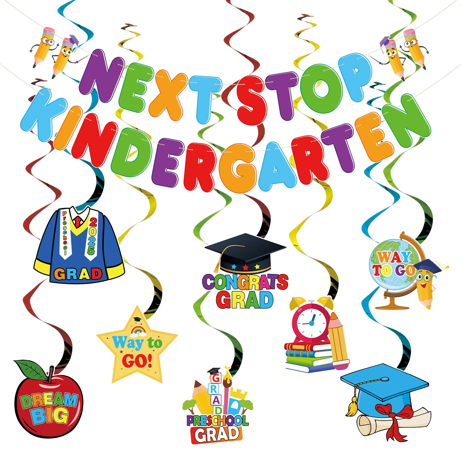 Arosche Preschool Graduation Decorations Banner Hanging Swirls 2025 Pre-Assembled Next Stop Kindergarten Hanging Banners Garlands Swirls Graduation