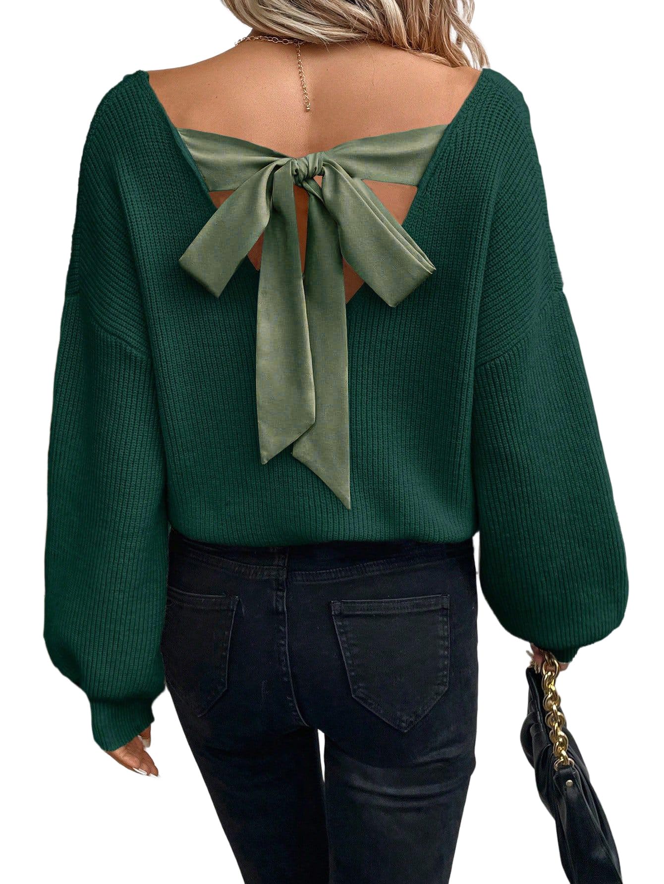 V Neck Sweaters Woman,Off The Shoulder Sweater Top,Fitted Long Sleeve Shirt Women,Tie Back Sweater,Knit Sweater-image-46