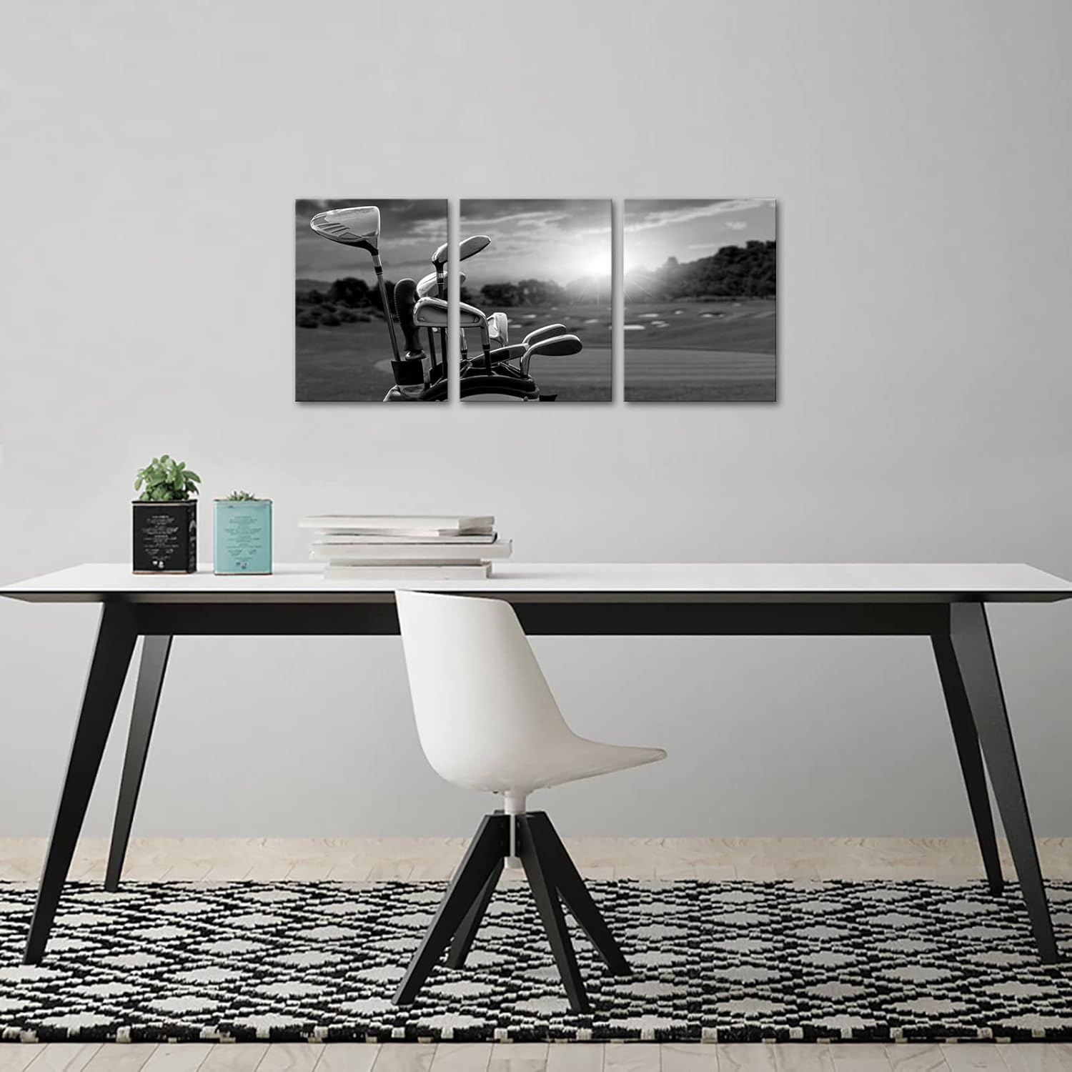 LevvArts 3 Panel Black and White Golf Canvas Wall Art Golf Course at Sunset Landscape Pictures Painting Golfing Sports Artwork Decor for Living Room Gym Ready to Hang (Small) - Image 2