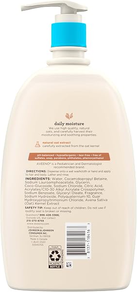 Aveeno Baby Daily Moisture Body Wash & Shampoo with Oat Extract, Hypoallergenic, Tear-Free, No Added Parabens, pH-Balanced Formula For Sensitive Hair & Skin, Baby Essentials, 33 fl oz - 4
