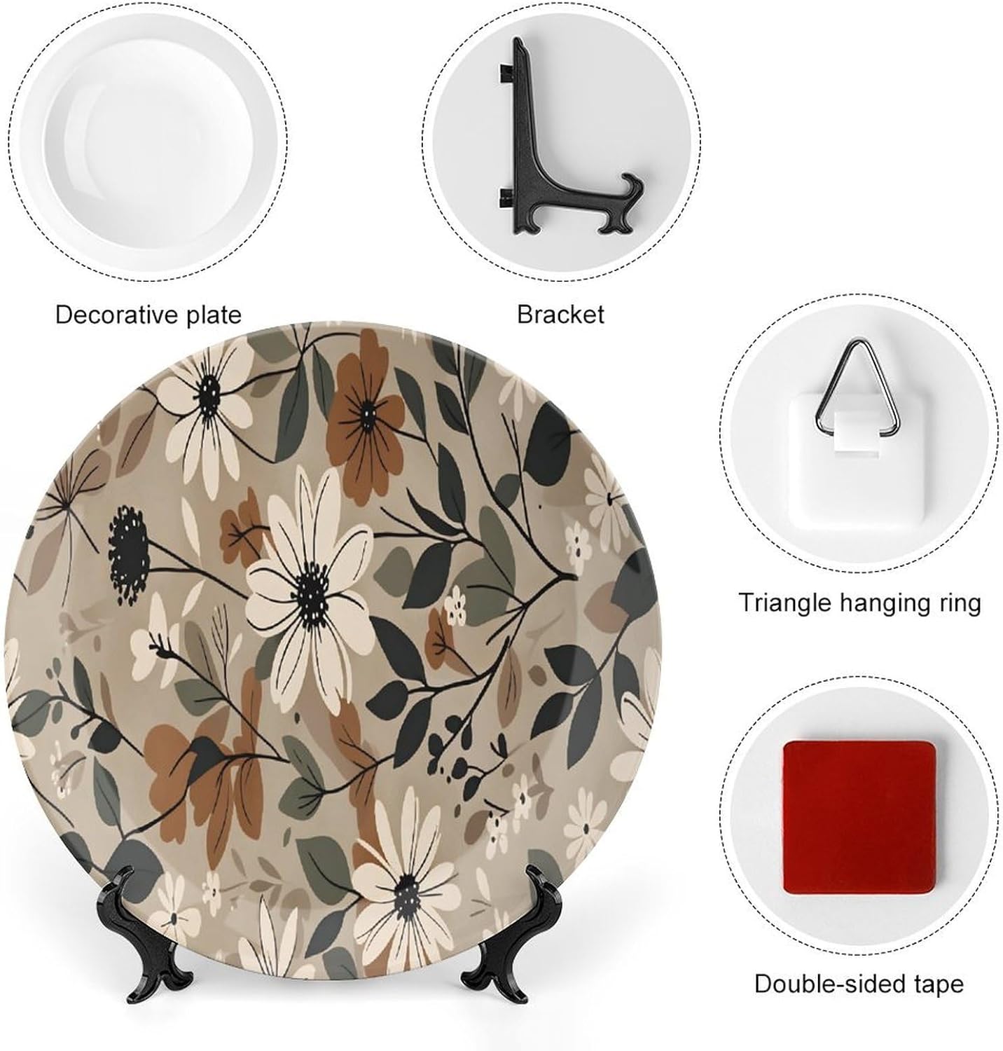 Vintage Daisy Bone China Decorative Plate (10inch), Unique Boho Ceramic Artwork with Display Stand & Wall Hook, Round Porcelain Ornament for Living Room, Bedroom, Office Table Decor