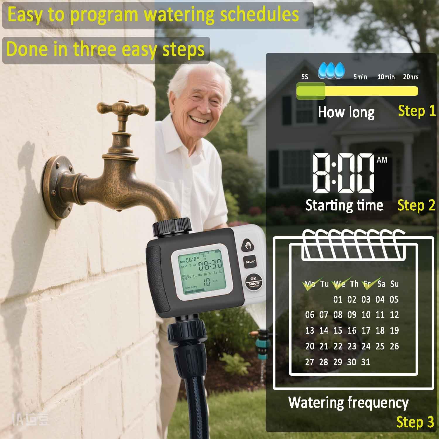 Drip Irrigation Kit Automatic Watering System with Water Timer 64FT 1/4 Tubing and 12 Rain Spray Watering Nozzles in 4 Directions for Potted Plants Yard Lawn Juvenile Plants Greenhouse Mist