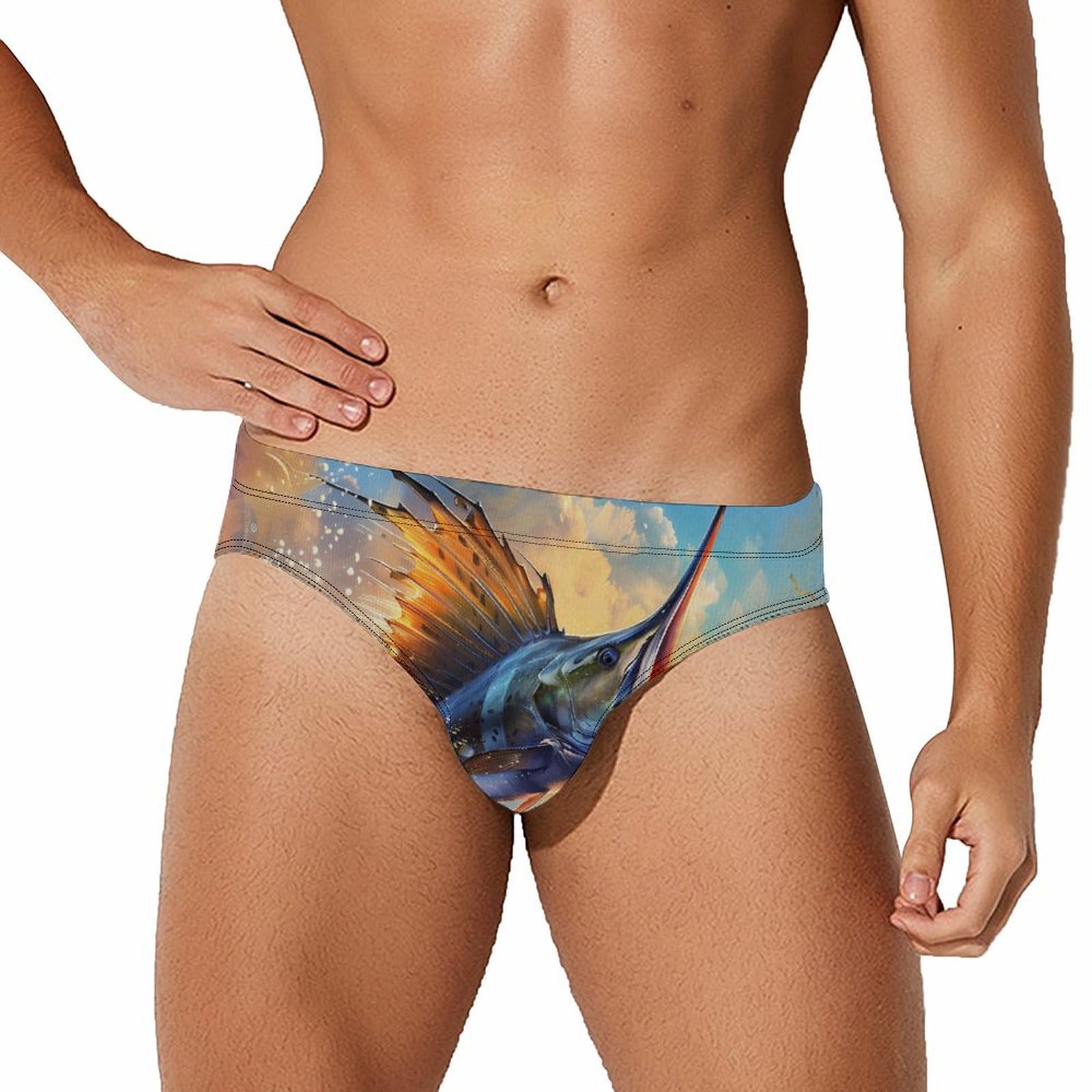 Blue Ocean Marlin Fish Mens Swim Briefs Bikini Swimwear Print Beach Shorts Sexy Swimsuit XL