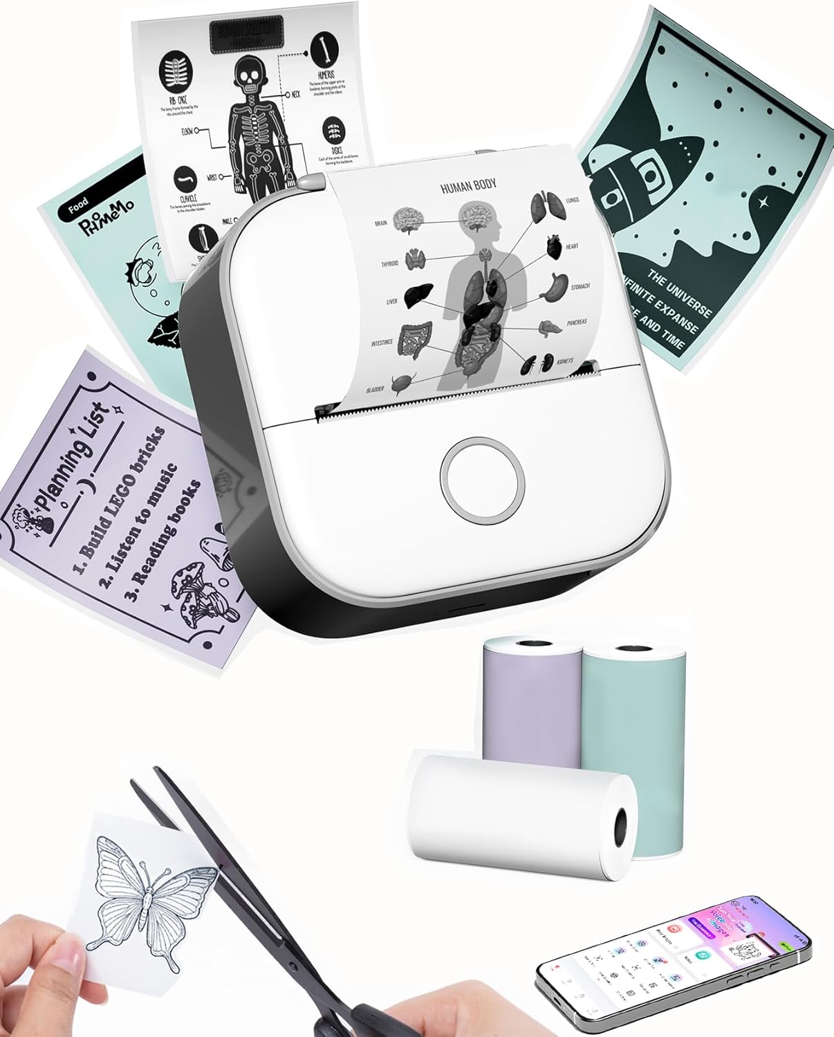 Phomemo Mini Sticker Printer, T02 Print Pods Mini Printer with 3 Rolls Paper Sticker Maker Machine, AI Drawing, Ideal Gift for Kids Teens, Study Notes, DIY Junk Journal, Scrapbook, Label, Black