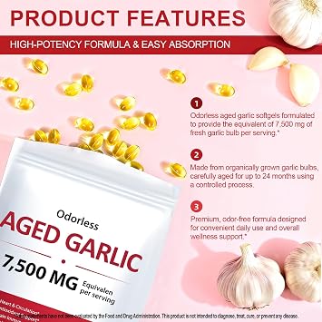 Aged Garlic Extract Softgels - 7,500mg Equivalent Strength (15:1 Concentrate) - Supports Heart Health, Circulation & Immune Function - Non-GMO, Gluten-Free - 300 Softgels
