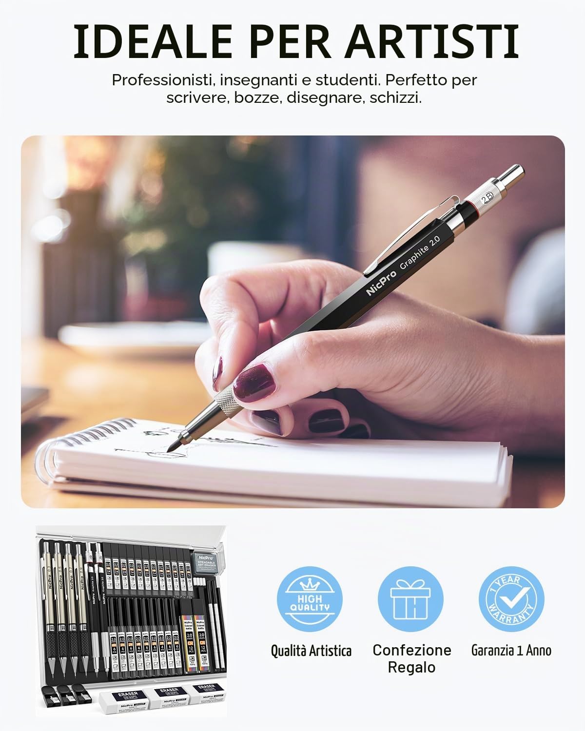 Nicpro 37 pezzi portaminas, matite da disegno metallo 0,3 0,5 0,7 0,9 mm e 2 mm, 6B 4B 2B HB 2H 4H, custodia con 23 ricariche