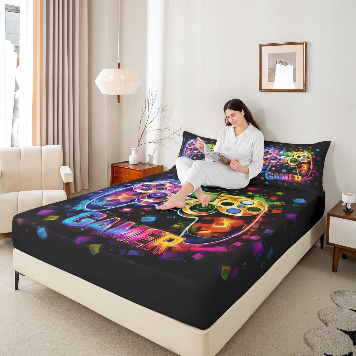 Manfei Boys Gamer Fitted Sheet Full Size, Geometric Gamepad Gaming Bedding Set 3pcs, Video Games Controller Bed Cover with 2 Pillowcases, Kids Teens Room Decor, Soft Bedding(No Top Sheet)