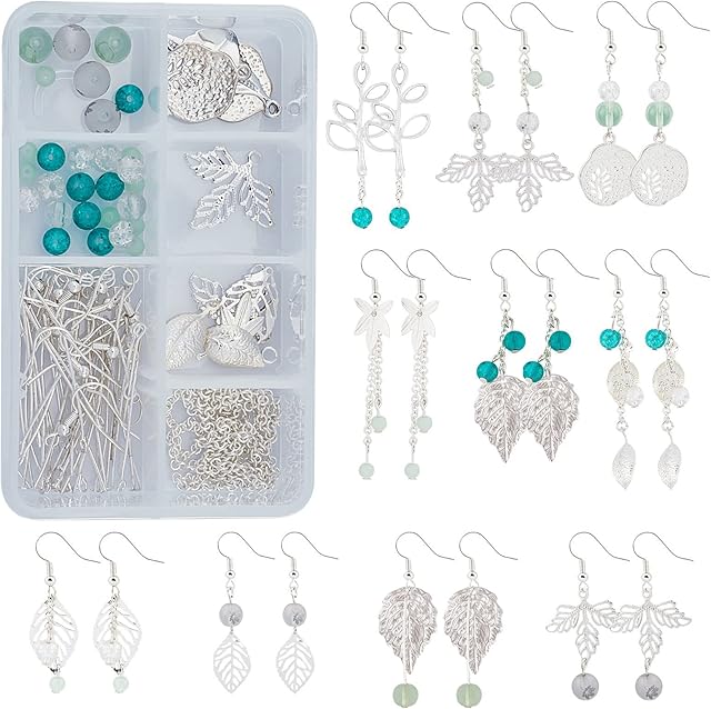 SUNNYCLUE 1 Box DIY 10 Pairs Silver Leaf Dangle Earrings Making Kit Hollow Bohemian Style Leaf Teardrop Long Drop Chandelier Earrings Tibetan Charms for Jewelry Making Supplies Craft Instruction