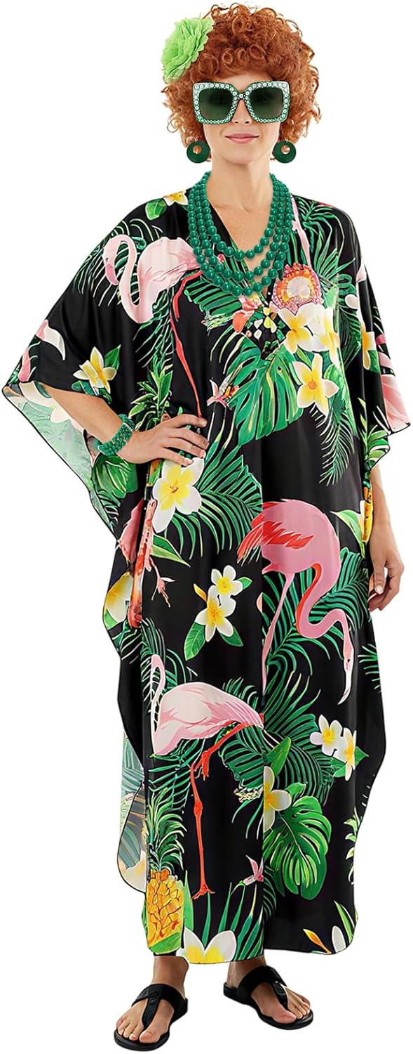 Maiteenly 7pcs Halloween Lady Costume Curly Red Brown Wig Print Caftan Dresses Jewelry Set and Sunglass for Cosplay Party