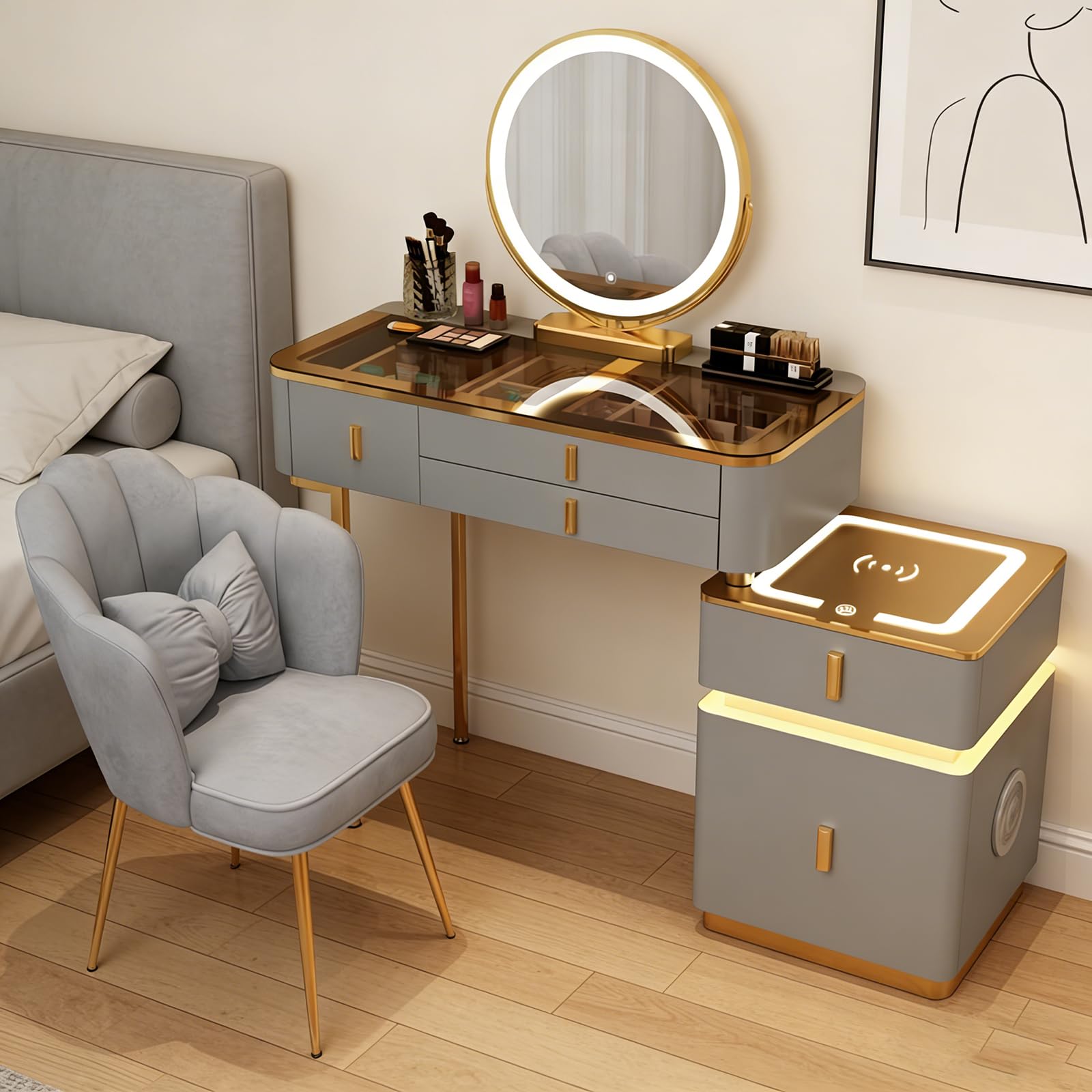 Schminktisch und Stuhl Set mit LED-Leuchten, 3-farbig dimmbar Waschtisch mit 5 Schubladen Schminktisch Ladestation für Schlafzimmer (Grau-Gold, 100cm)