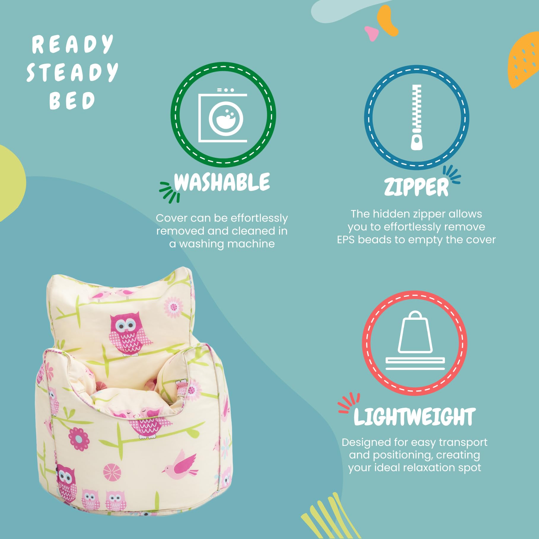 Ready Steady Bed Poltrona per bambini, pouf, comoda mobilia per bambini, morbida e sicura per bambini, per sala giochi, sedia ergonomica (gufi)