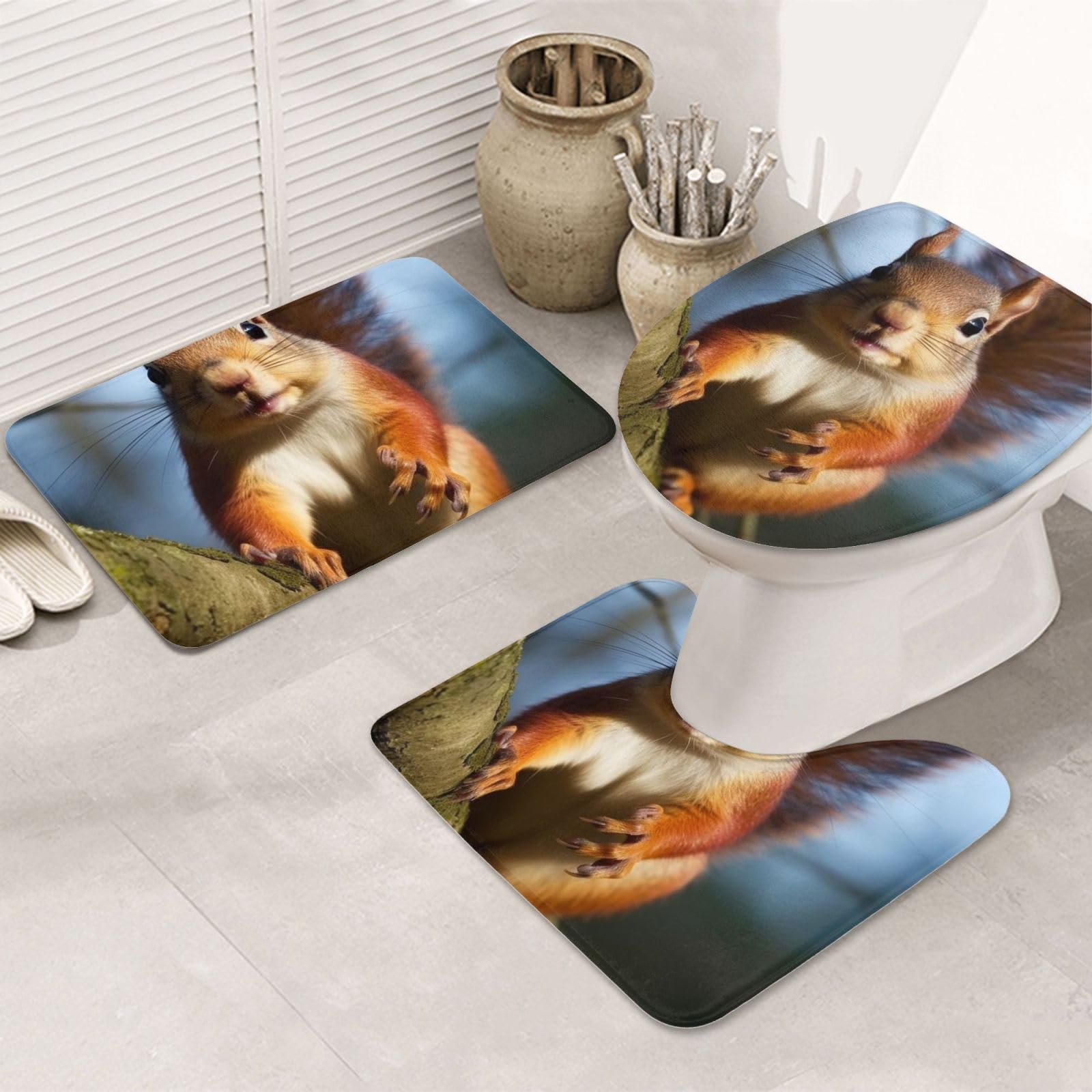 Tapis de bain écureuil 3 pièces avec contour U et couvre-abattant microfibre
