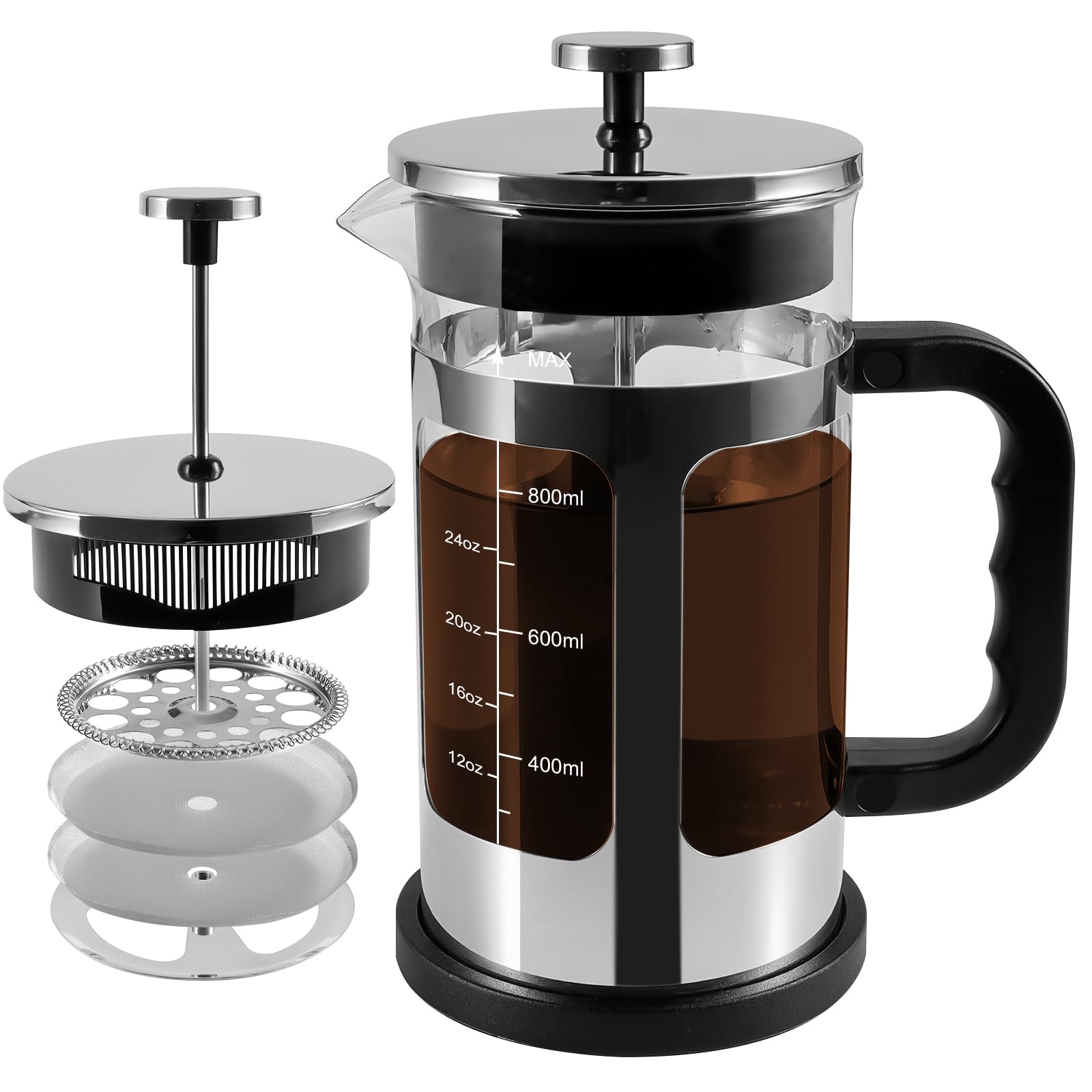 French Press Coffee Maker, 34 oz Glass Carafe, 4-Stage Filter, Silver