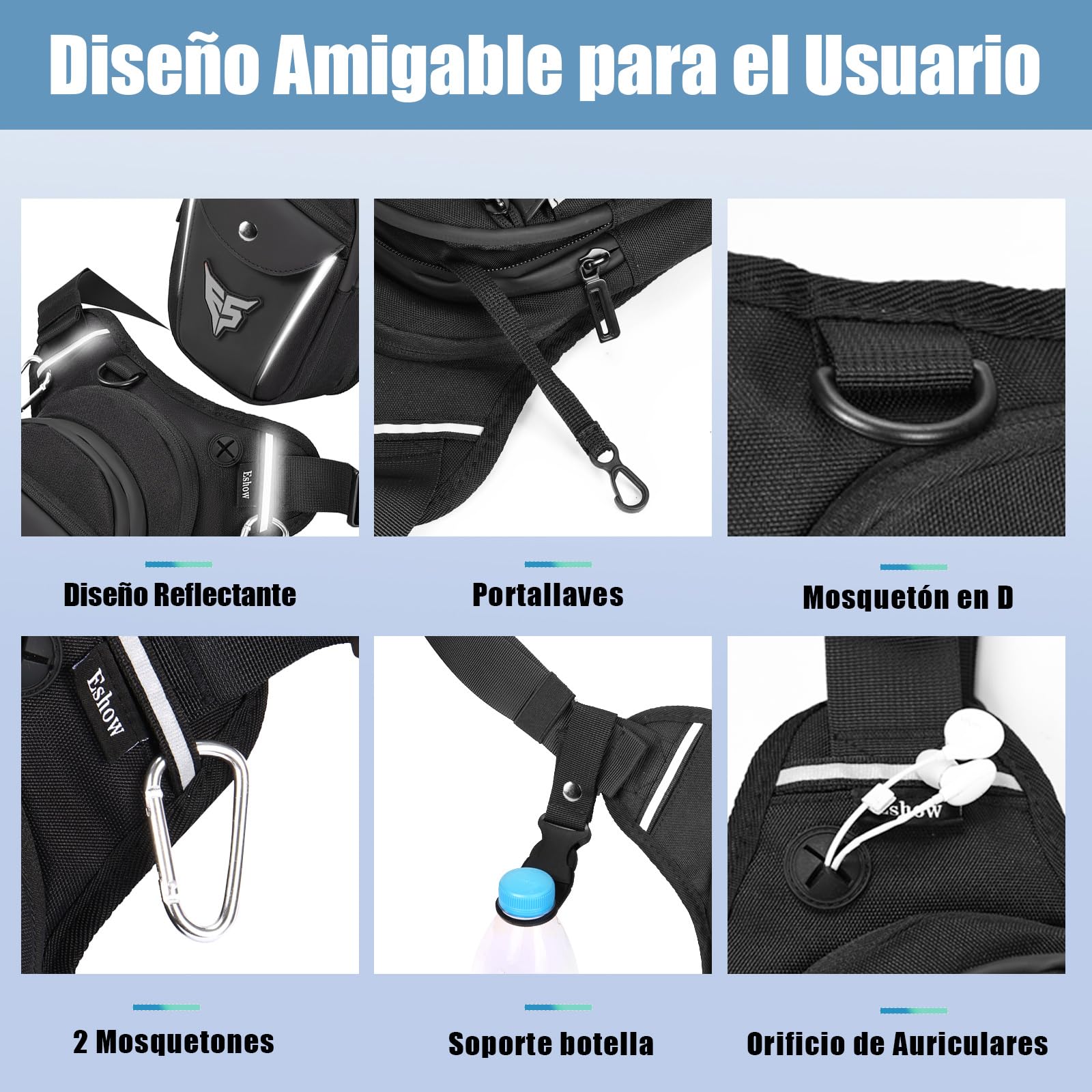Eshow Pernera Moto Ampliable, Riñoneras con Portabotella y Tira Reflectante para Hombre y Mujer, Bolsa Pierna para Ciclismo Montañismo Viajes Senderismo Trabajo Camping Escalada Negro