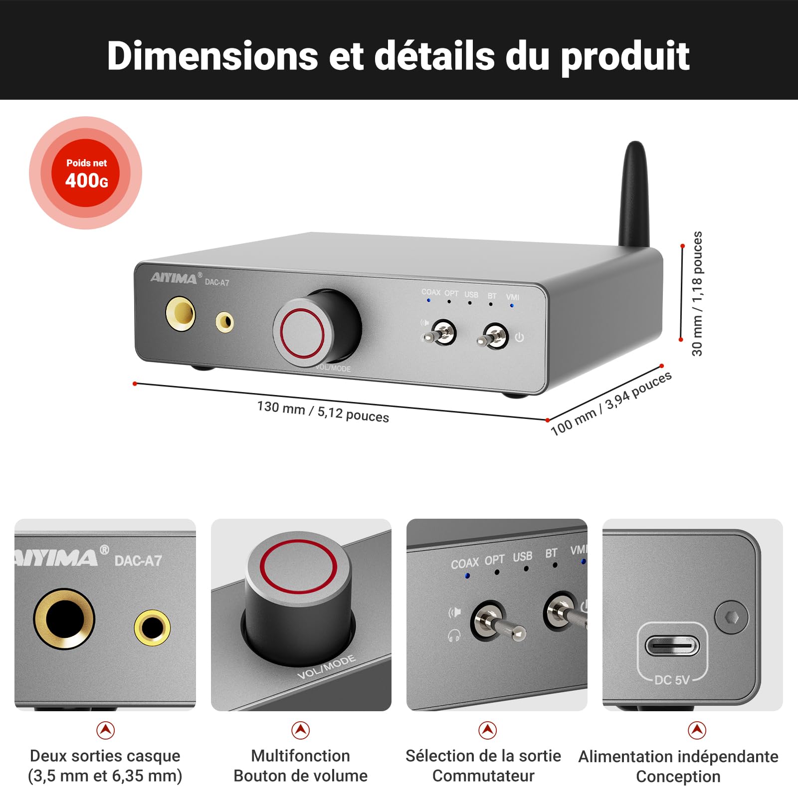 AIYIMA DACA7 ES9038Q2M Mini Amplificateur DAC et casque de bureau Bluetooth