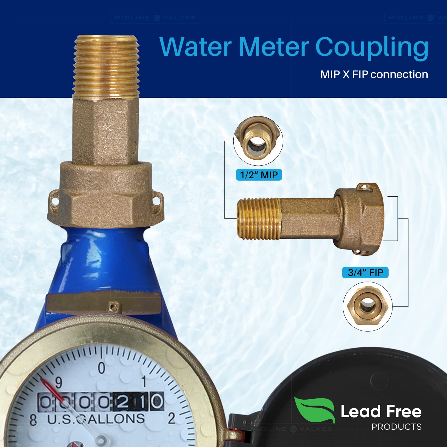 Midline Valve XND0012-OM - Adaptador de acoplamiento para medidor de agua de latón con tuerca y junta 1/2" MIP x 3/4" FIP