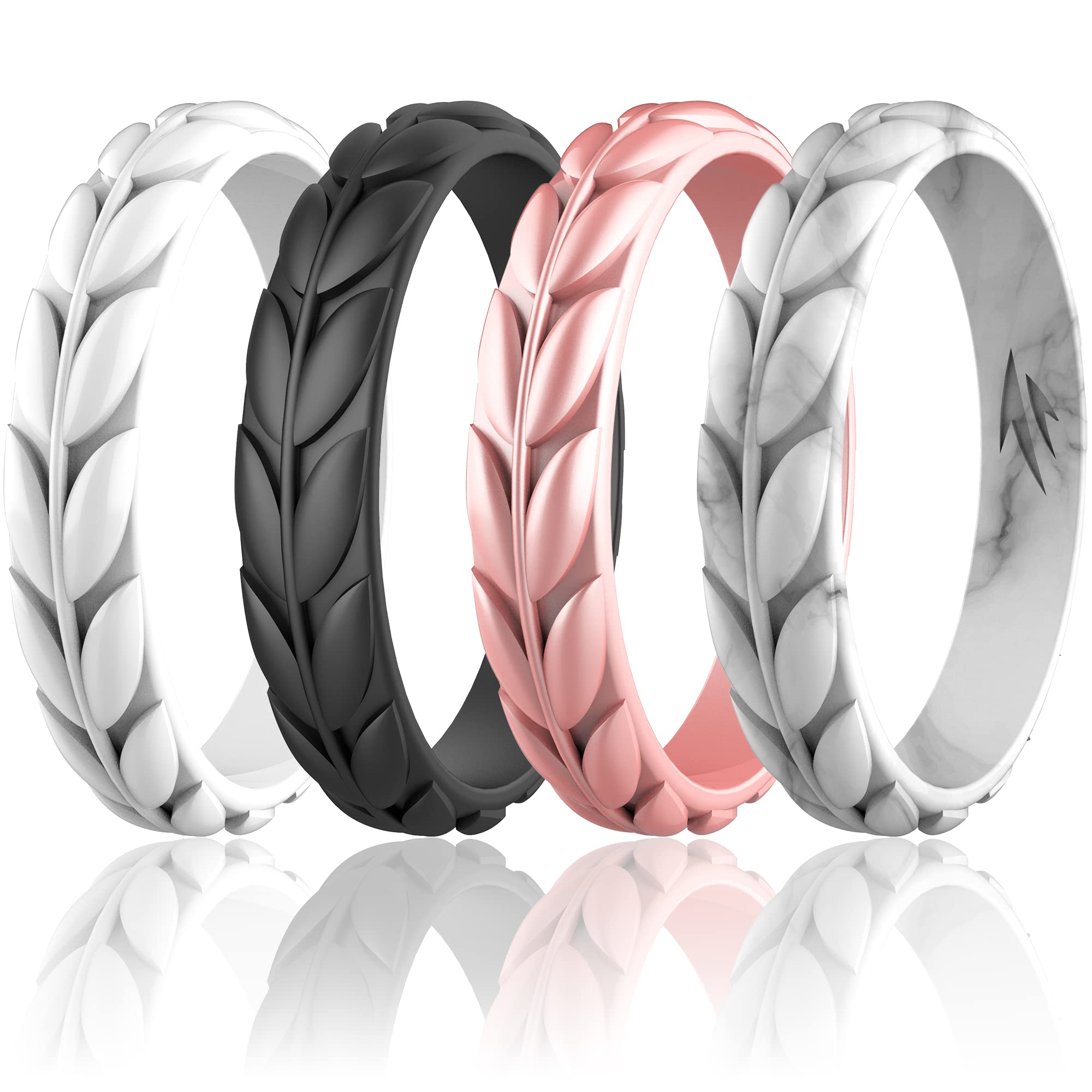 ZollenOlive Leaves Silicone Wedding Rings for Women, Rubber Wedding Bands Stackable Ring, Hypoallergenic Silicone
