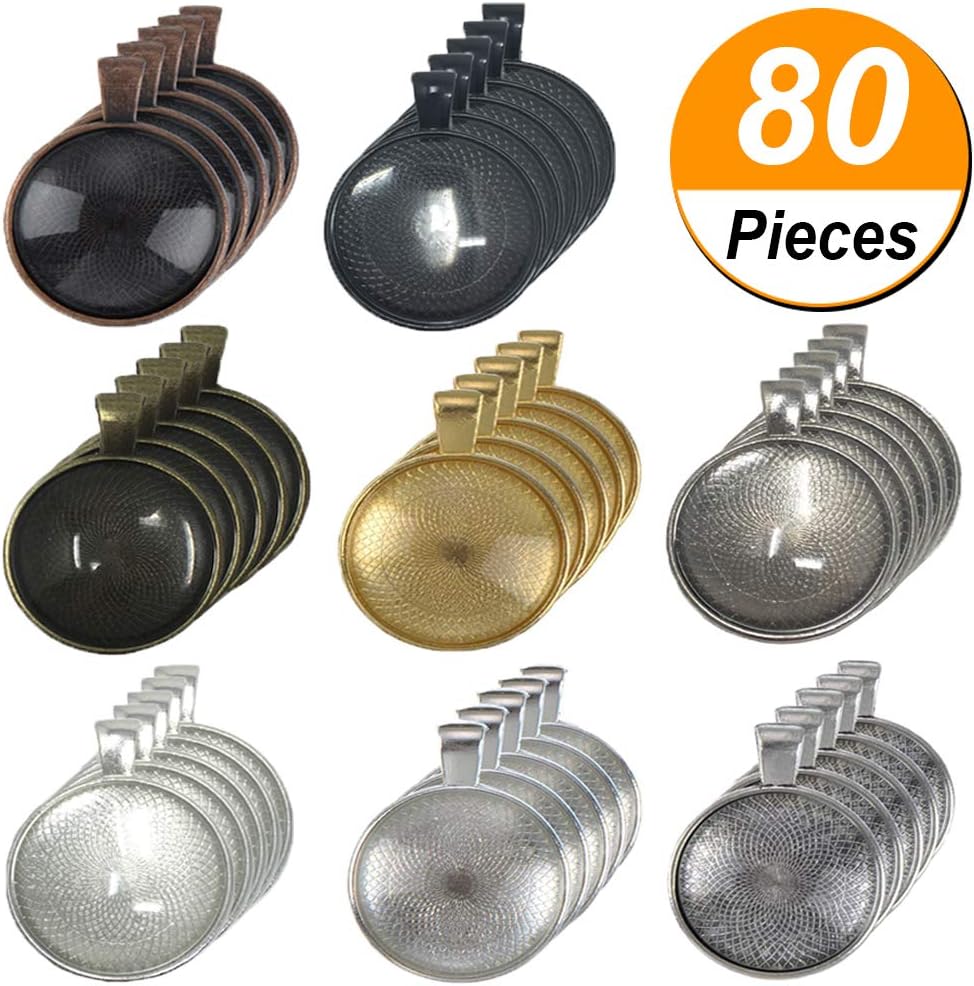 40 Pieces 8 Colors Pendant Trays Round Bezel, 40 Pieces Glass Cabochon Round Clear Dome-25 mm/1 inch Diameter (Colorful)