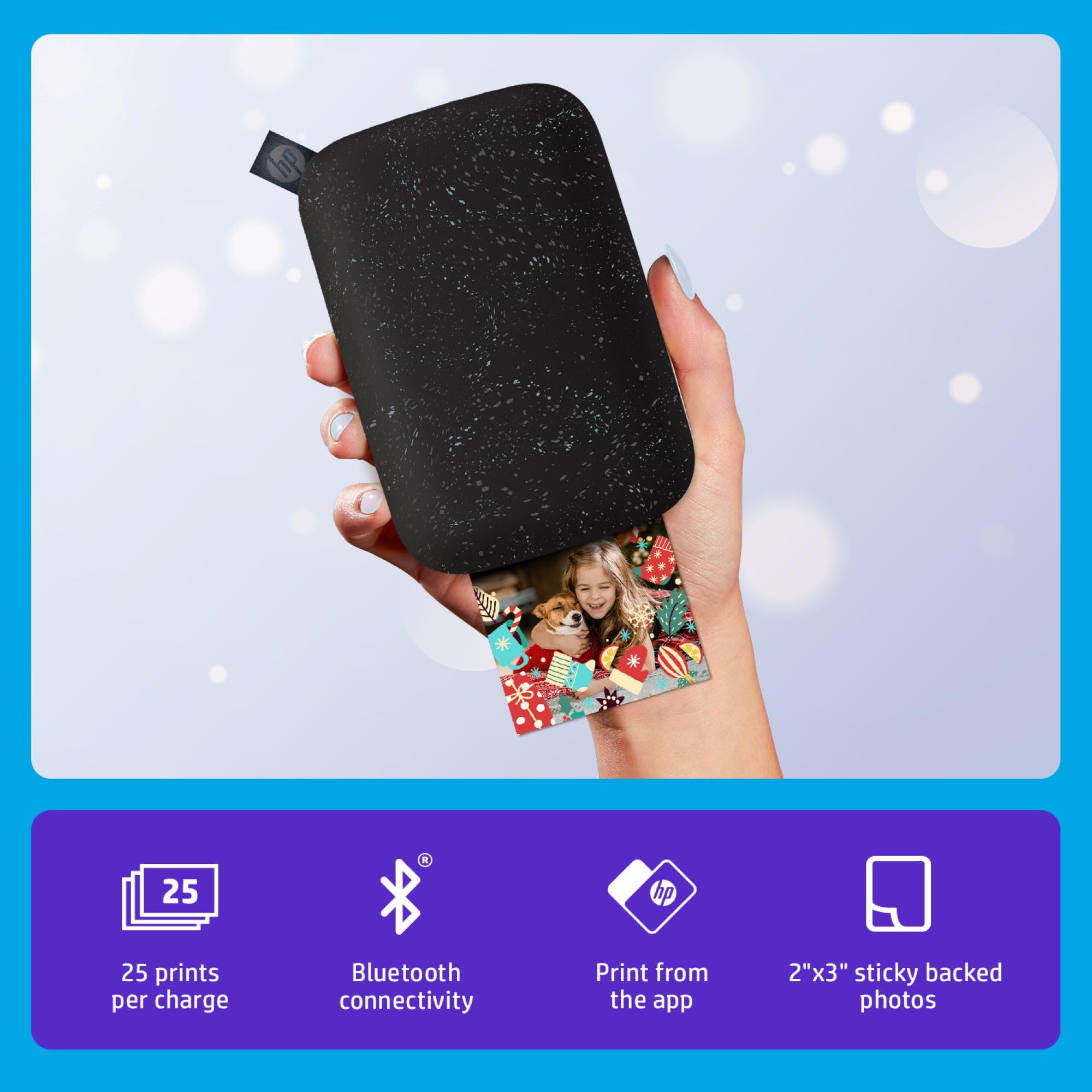HP Sprocket Portable Photo Printer (Black Noirl) Instantly Prints ZINK 2x3" Sticky-Backed Photos from your iOS & Android Device