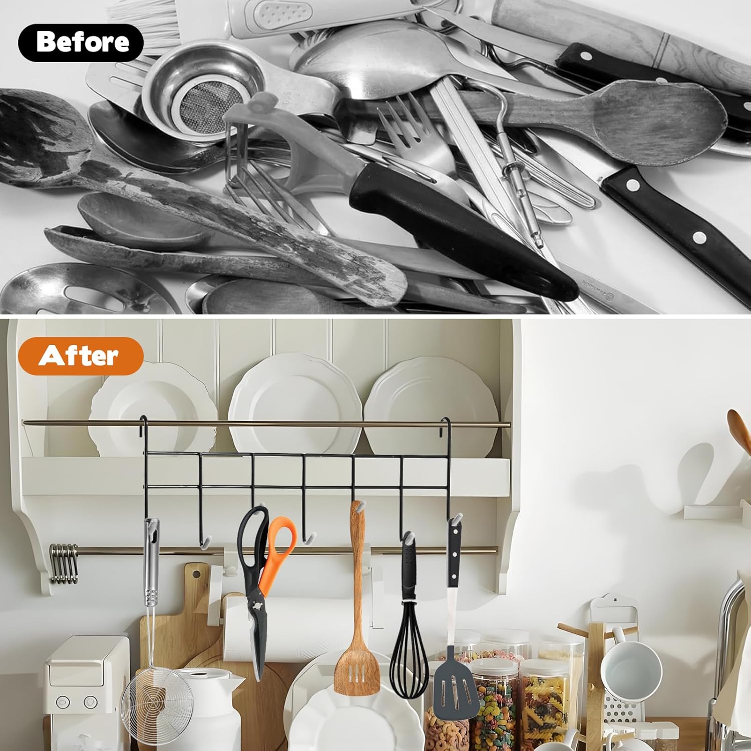 2 Pcs 7 Hook Attachment for Wire Shelving, Grid Hooks Rack for Wall Grid Panel Hanging Hooks Rack Steel Shelf Accessories Metal Hook Bars for Storage Display Organizer 1.5 x 12.6 x 4 Inch
