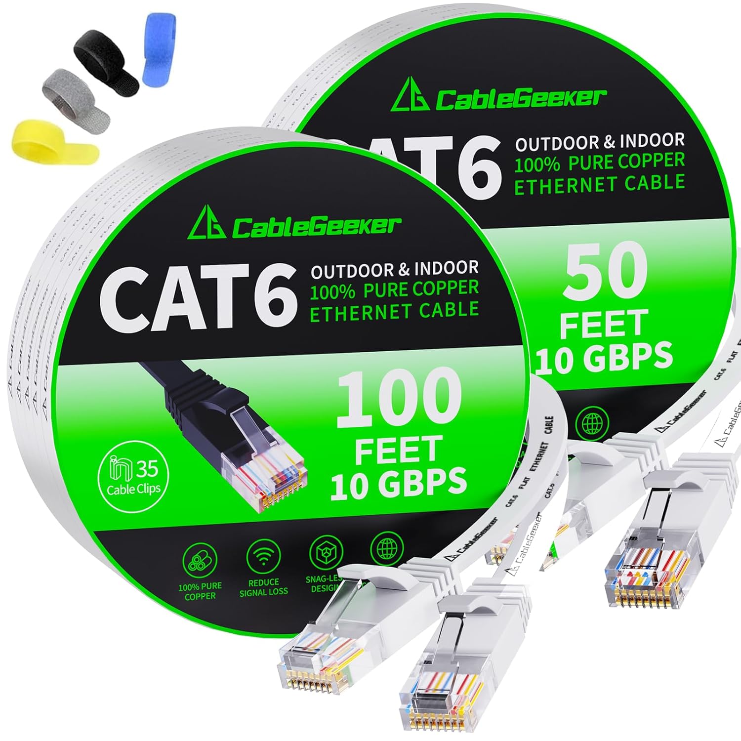 CableGeeker Cat6 Flat 100ft White & Flat 50ft White Ethernet Cable