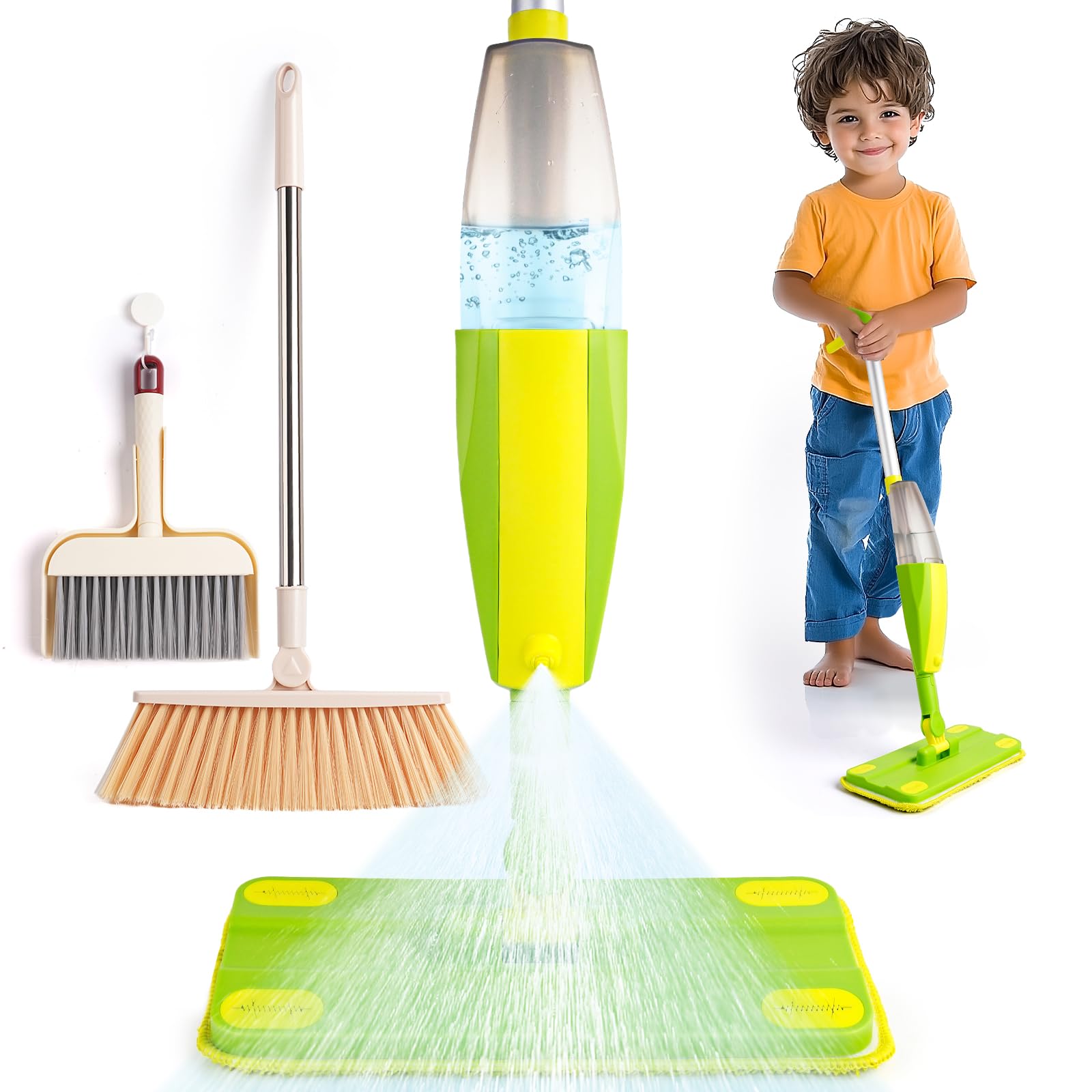 Kinder Montessori Putzset - Kindersprühwischer + Kinderbesen für Echter die Bodenreinigung | Spielzeug für Kinder ab 3, Kinder Reinigung Set, Montessori Spielzeug, Hausarbeitsputzspielzeug
