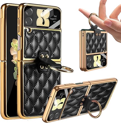 Miimall Funda de cuero para Samsung Galaxy Z Flip 4 con soporte de anillo, cubierta trasera de cuero romboide de lujo, marco de galvanoplastia con