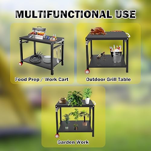 Miniatura 14 de Soporte para horno de pizza, mesa para parrilla al aire libre, carrito de mesa para horno de pizza con ruedas y ganchos, carrito de pizza de acero