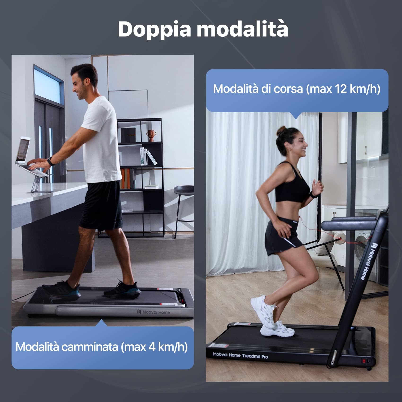 Mobvoi Home Tapis Roulant AI Intelligente 3 in 1 per casa e ufficio Supporto per Tapis Roulant per Tazza Telefono Laptop Ampia Area di Corsa Display a LED TicSports Zwift Kinomap APP 12km/h 120kg
