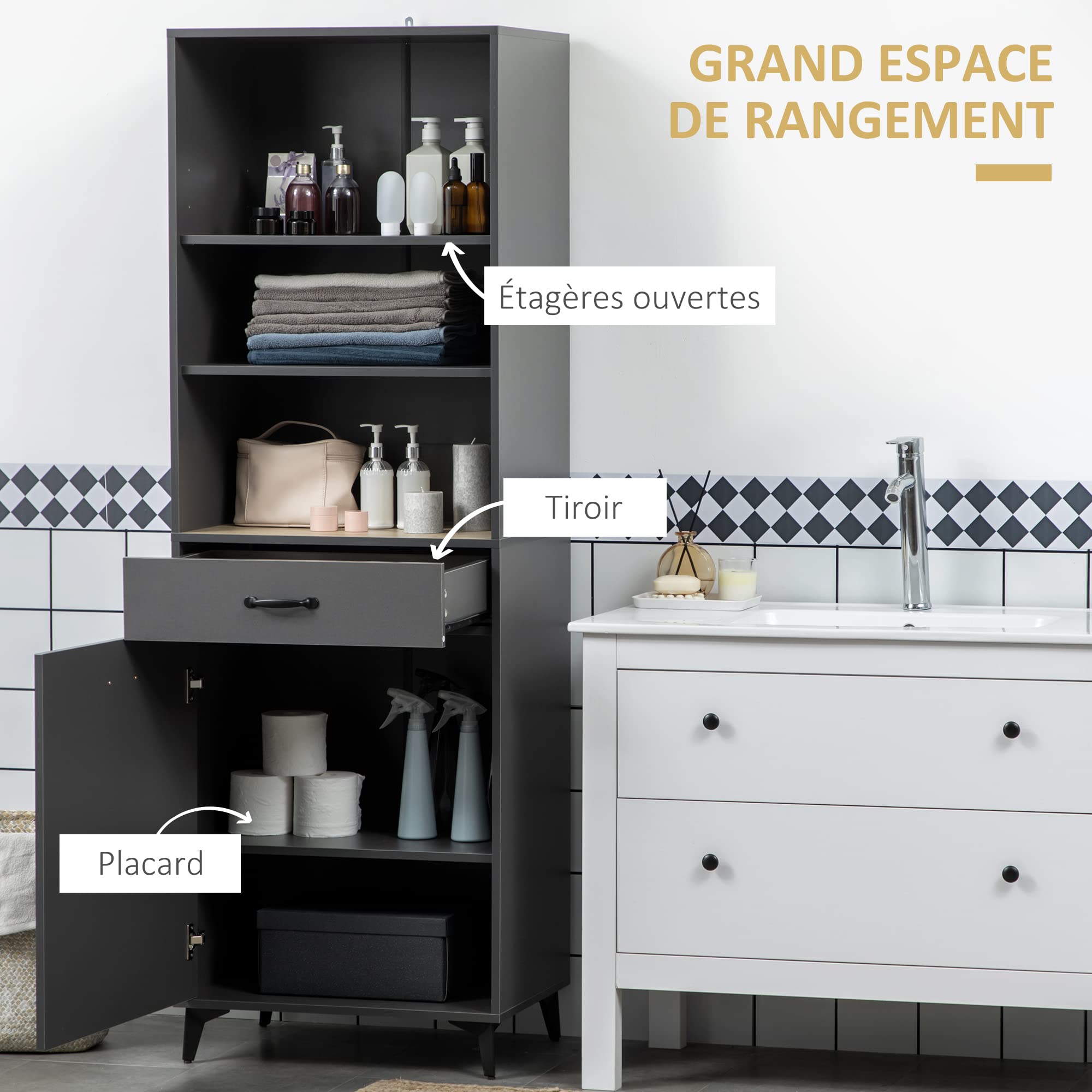 HOMCOM Buffet Cuisine Armoire Meuble de Rangement 180 cm Noir Bois Gris | pour Cuisine, Salon, Salle de Bain, Design Industriel, Piètement Métal, Meubles de Salle à Manger