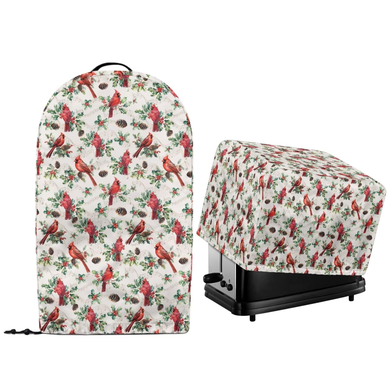Christmas Cardinal Bird 2 Pcs Kitchen Appliance Dust Covers with Drawstring Hem for Countertop Stand Mixer Food Processor Blender and Toaster Maker Oven Holiday Decor