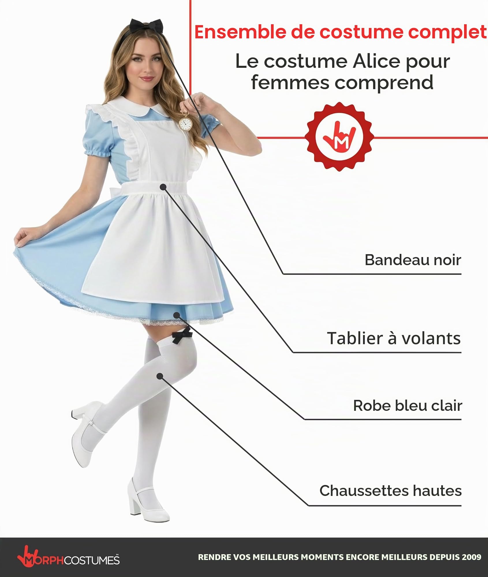 Fun Shack Alice au Pays des Merveilles Femme, Costume Conte Halloween | Robe Bleue, Tablier, Chaussettes & Serre-Tête, Look Conte de Fées, Parfait pour Halloween, Idéal pour se Déguiser