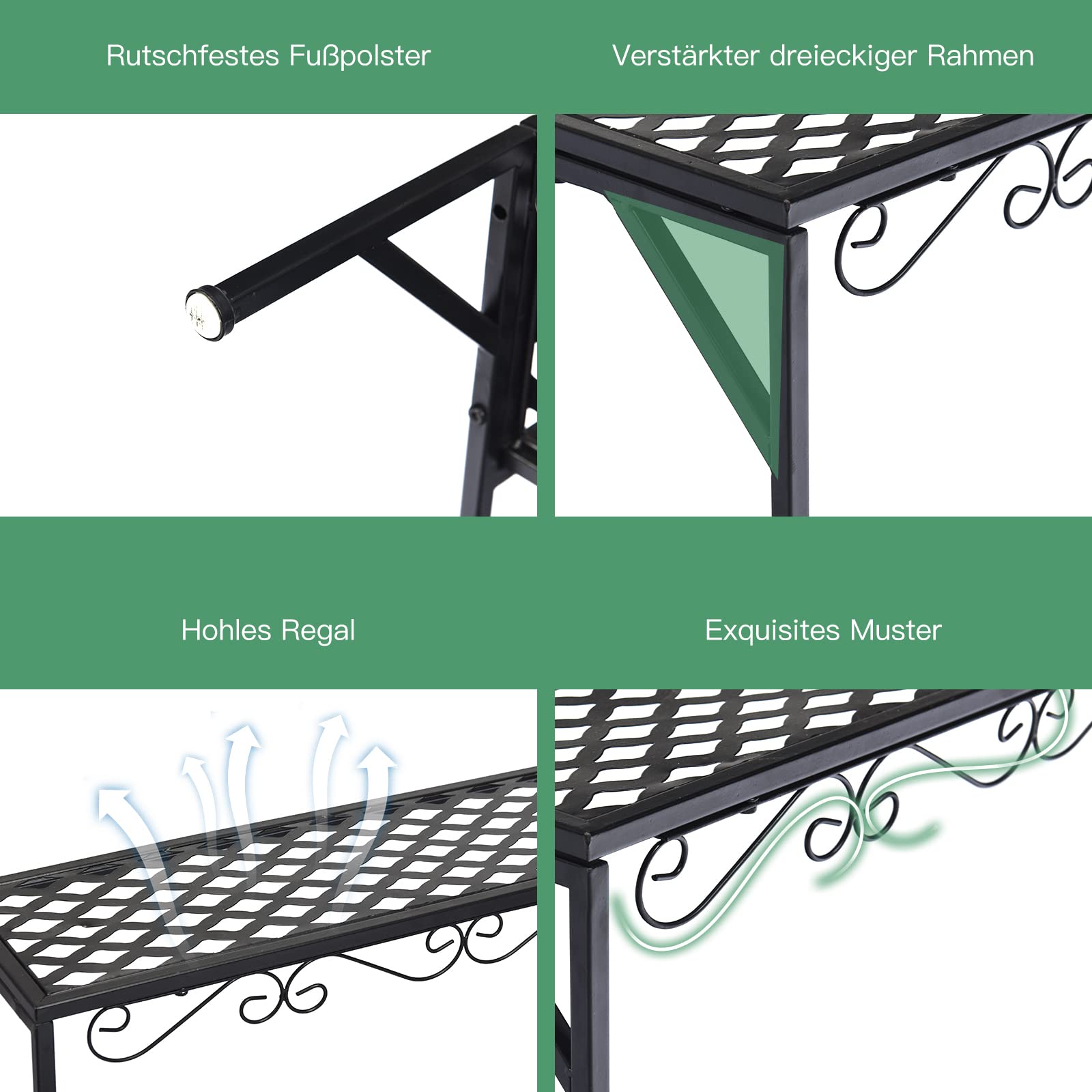 GOPLUS 3 Ebenen Metall Pflanzenständer, Blumentreppe Outdoor, Blumenregal Pflanzentreppe für Garten Balkon, schwarz, 70 x 60 x 60,5cm (Rechteckig-mit Muster)
