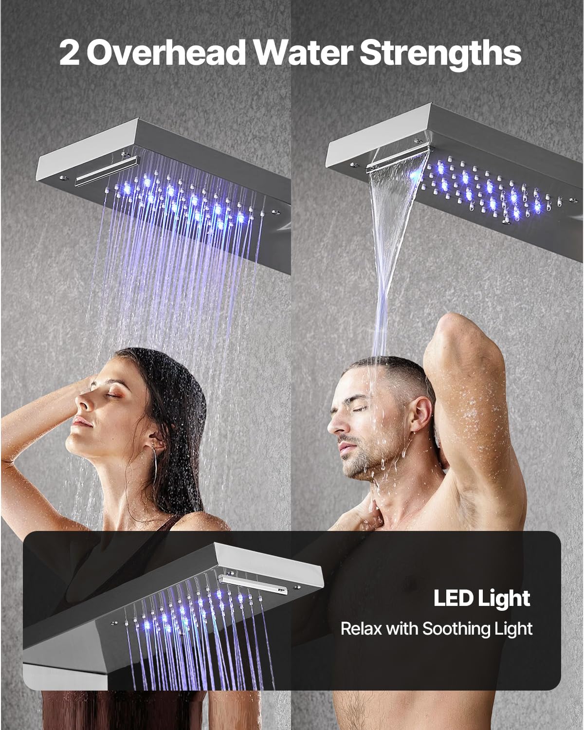 VEVOR Pannello Doccia a Torre con Soffione a Cascata LED, Colonna Doccia in Acciaio Inox Spazzolato 1345 mm, Rubinetto 5 Funzioni con Doccetta e Beccuccio per Vasca