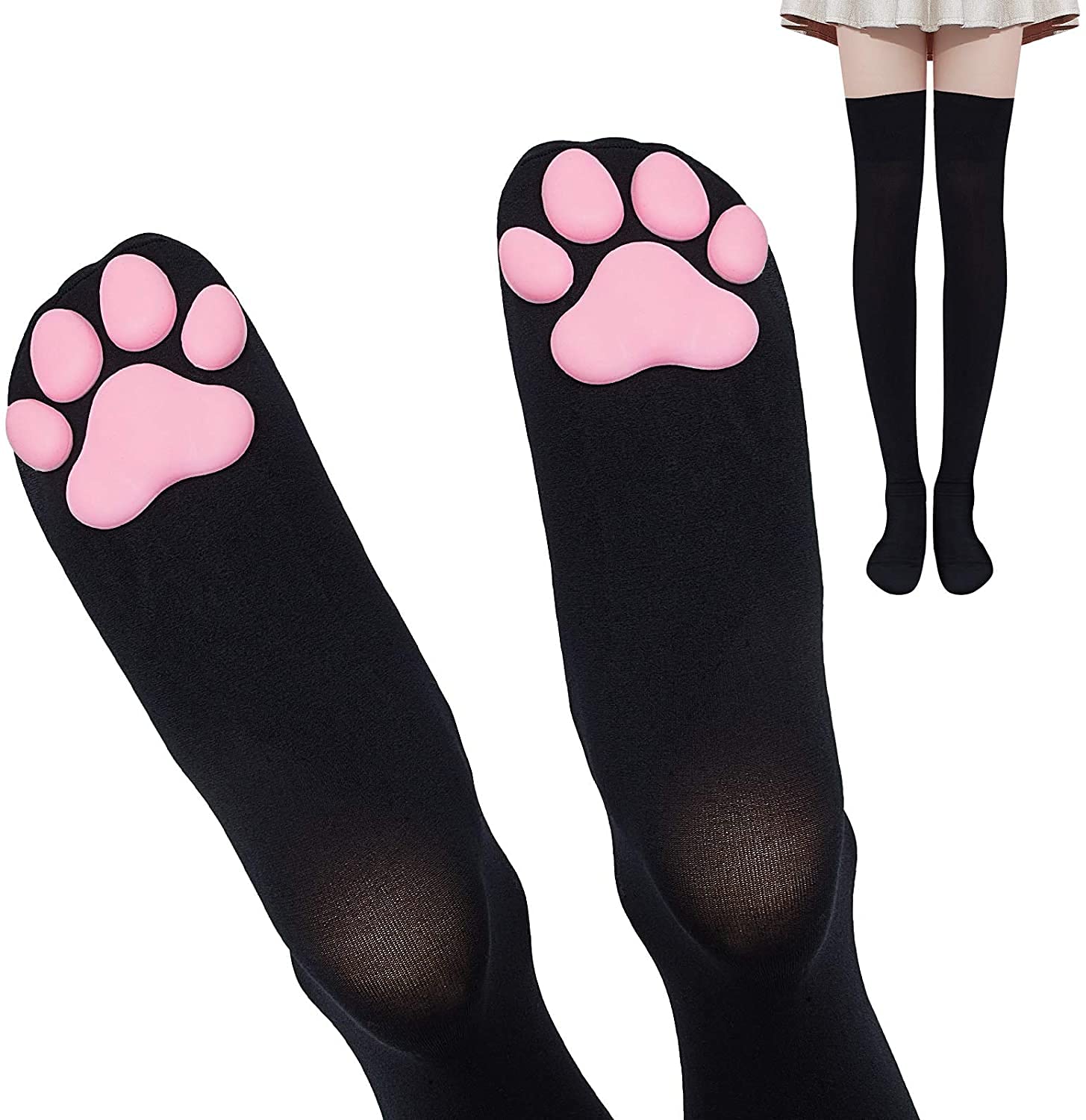 Worldtree Pink Cat Paw Pad Thigh High Socks Cute 3D Kitten Claw Stockings for Girls Women Lolita Cat Cosplay
