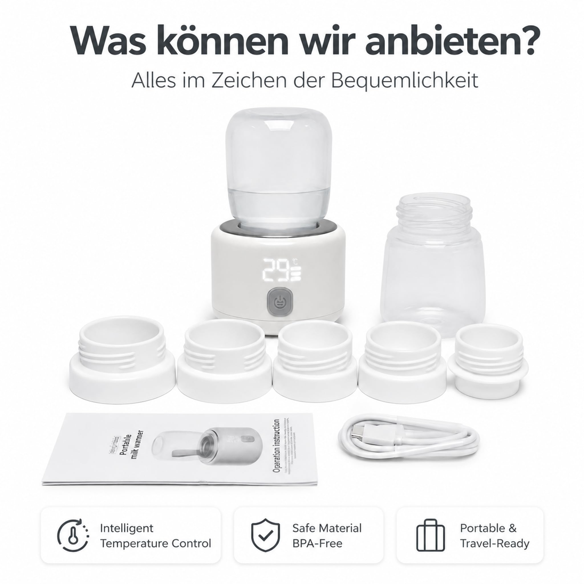 Chauffe-biberon portable pour bébé en déplacement - Chauffe-lait alimenté | Chauffage rapide de 3 à 5 minutes, précision ± 1 °C, port USB-C, acier inoxydable sans BPA, adaptateur inclus