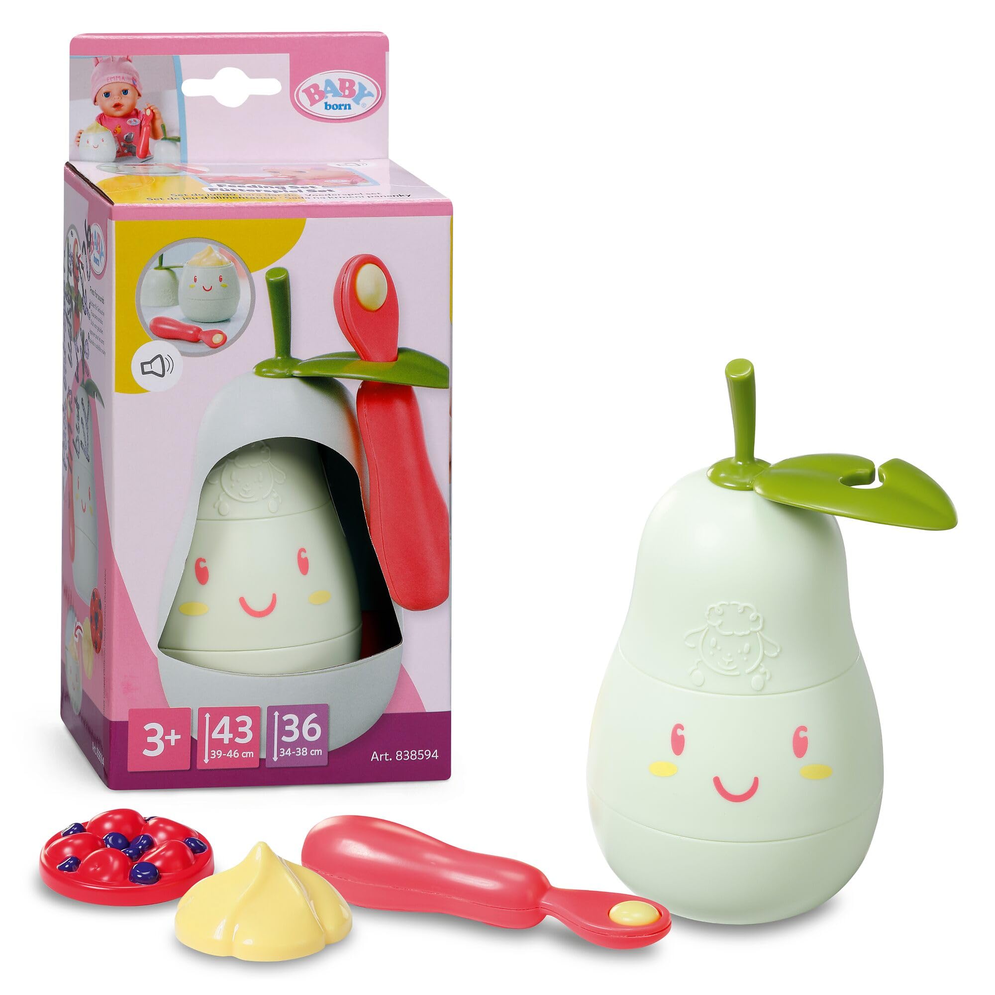BABY born Lunch Time Feeding Set – Pear-Shaped Lunch Box with 2 Porridge Inserts and Spoon with Sound Effects – Accessory for 36 cm & 43 cm Dolls