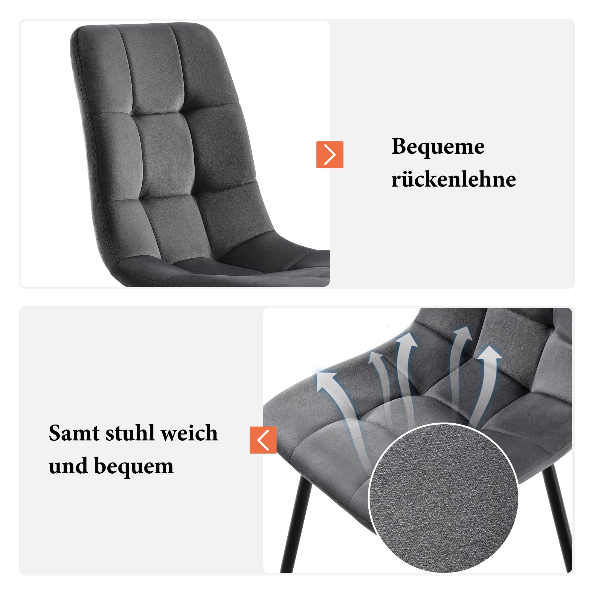 140x80cm Esstisch mit 4 Stühlen Set, Essgruppe mit Rechteckiger Küchentisch und Esszimmerstühle, Esstisch mit Stühle, Schwarz Tischbeine und Grau Samt Küchenstühle