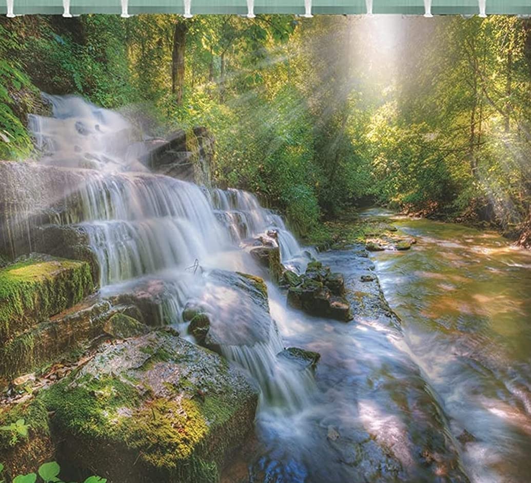 Waterfall Shower Curtain Trees 3d Print Bathroom Shower Curtain with Hooks, Polyester Green 60x72"(W*H)
