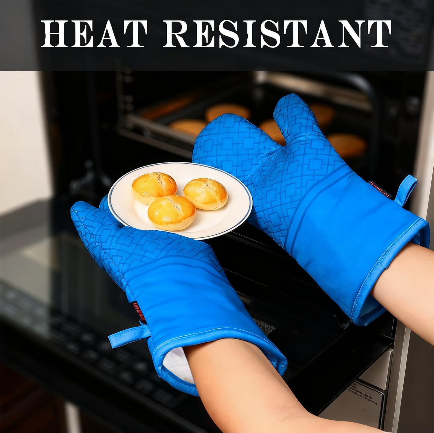 Oven Mitts and Pot Holders Sets 6pcs, Kitchen Oven Glove,High Heat Resistant 550 Degree Extra Long Oven Mitts and Potholders with Non-Slip Silicone Surface for Home Essentials (Grey) (Navy Blue)