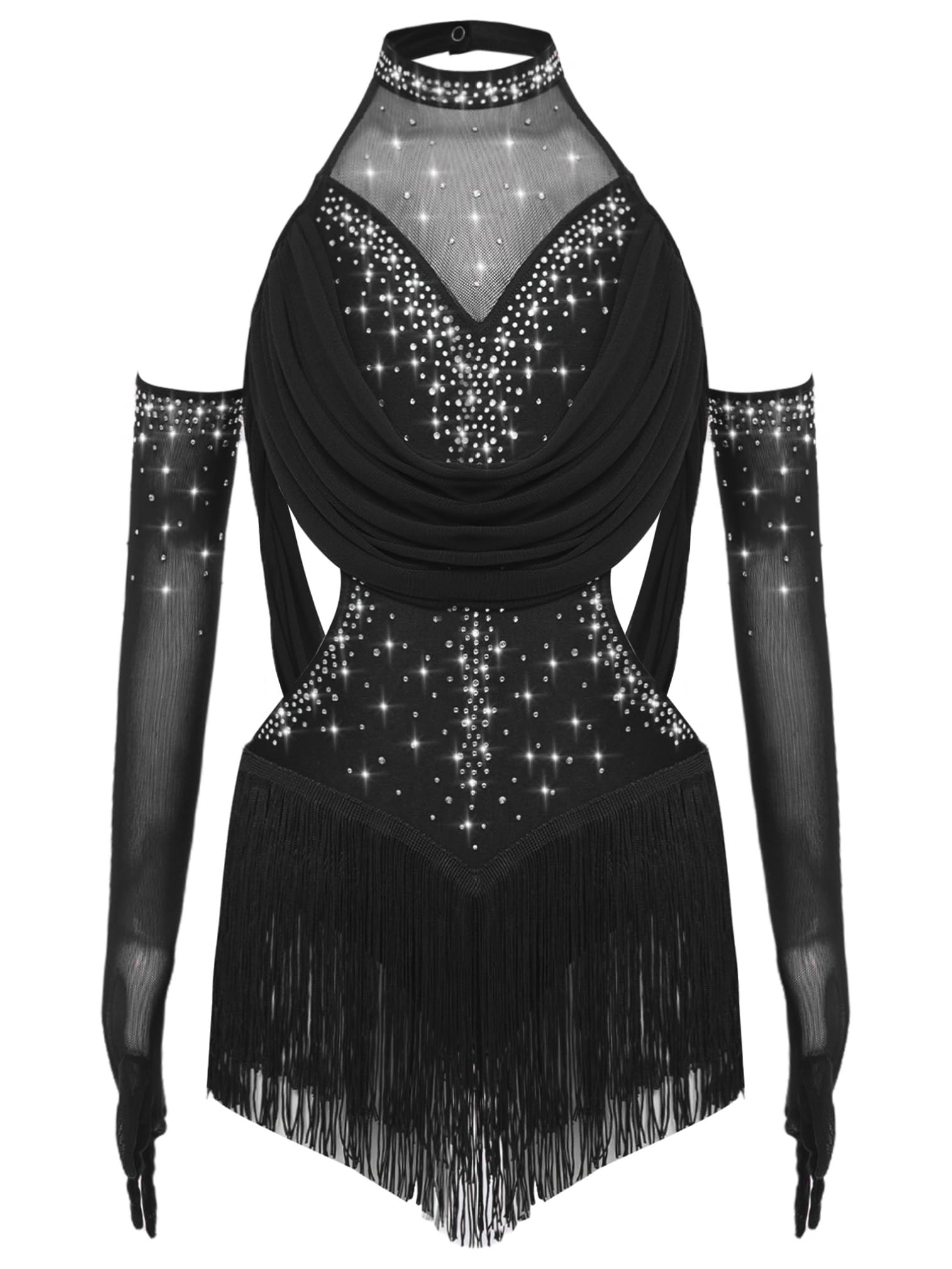 ranrann Fille Robe de Patinage Artistique avec Gants Strass Ensemble Danse sur Glace Justaucorps Robe à Franges Compétition Spectacle
