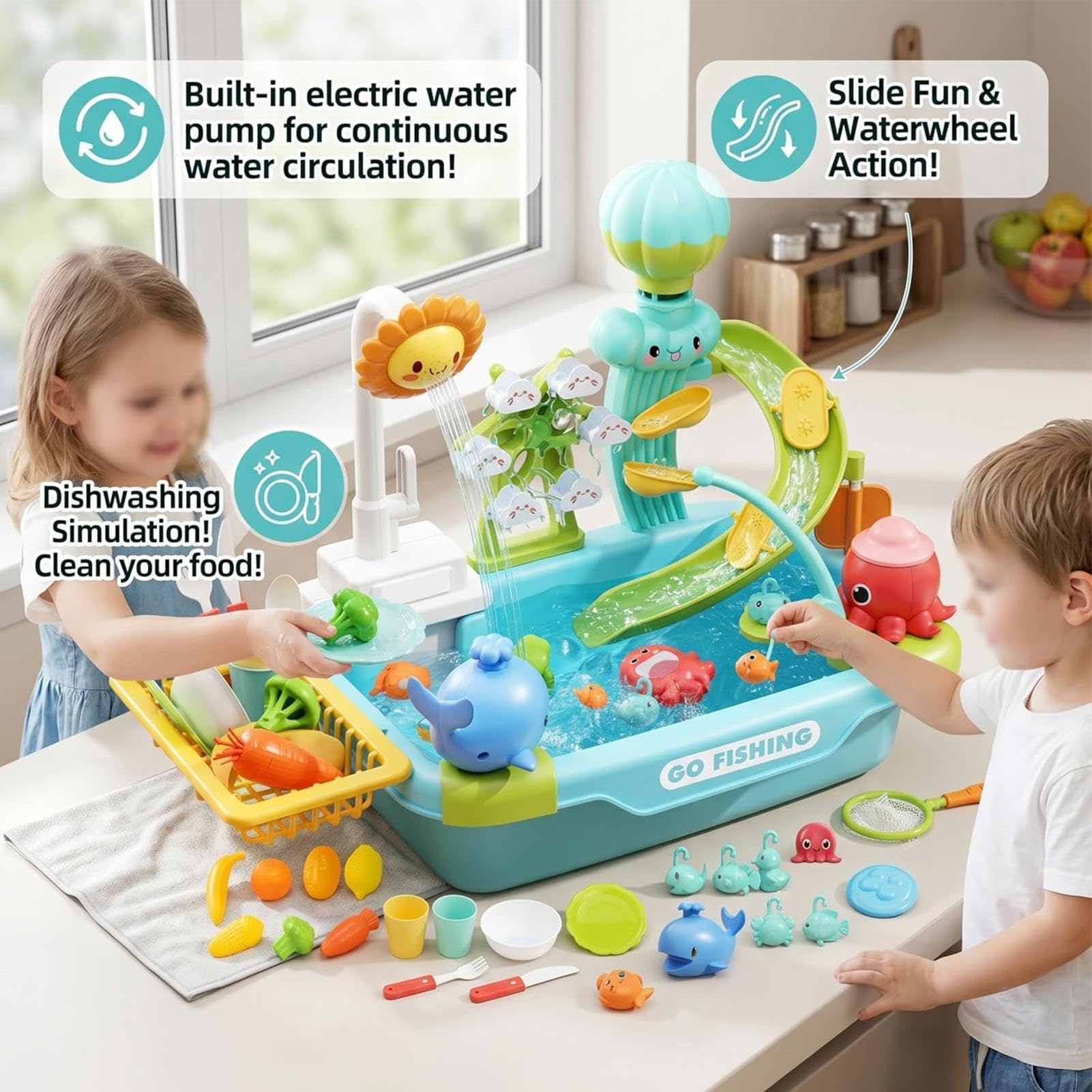 Kinderspülbecken mit fließendem Wasser Sommer Spielzeug für den Garten | Kinder Küchen-Spielset für Vorschulkinder Garten Terrasse Camping Urlaub Bad