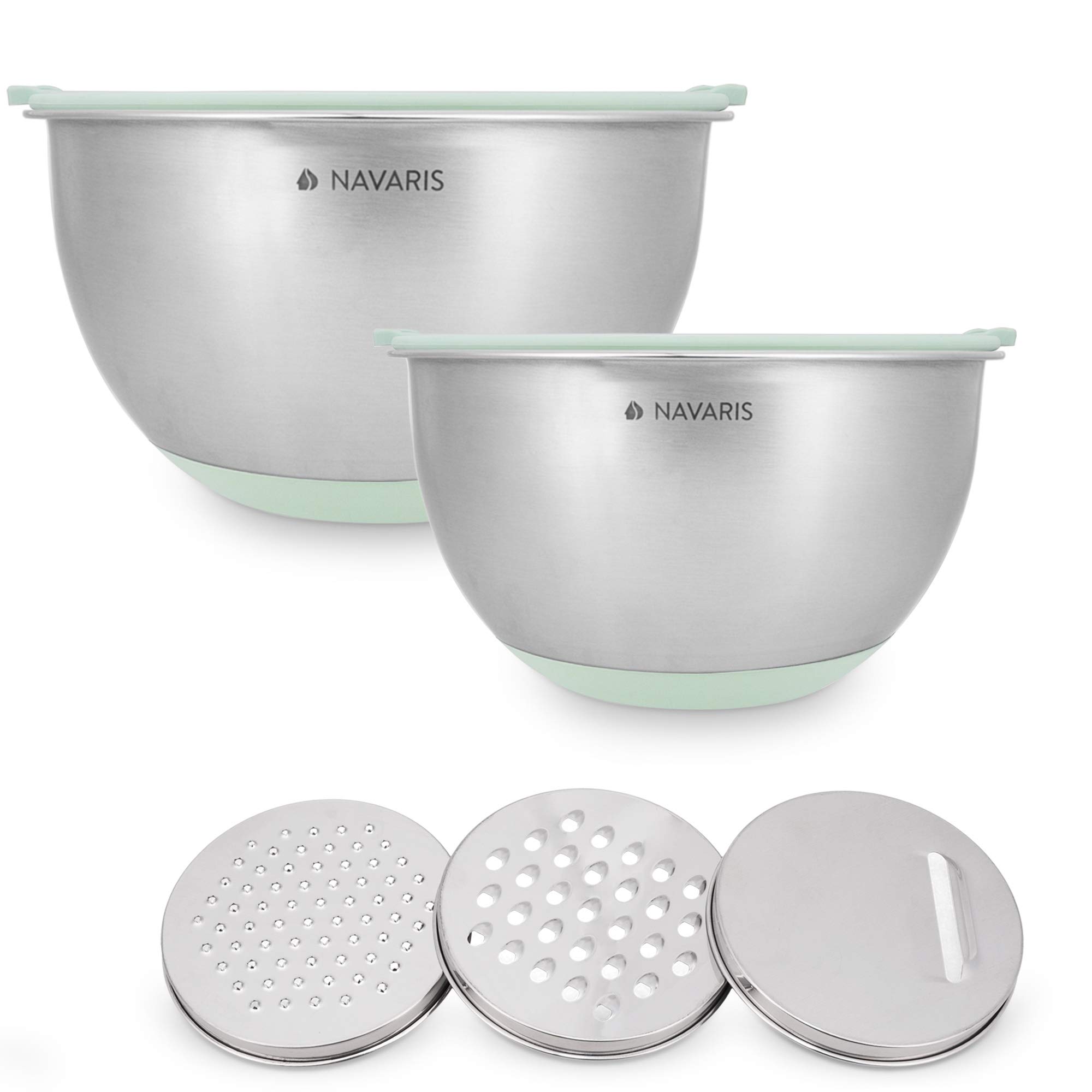 Navaris Set de 2X Cuenco de Acero Inoxidable - Juego de Boles de Cocina con 2 x Tapa y 3X rallador - Cuencos con 2X Base de Silicona Antideslizante