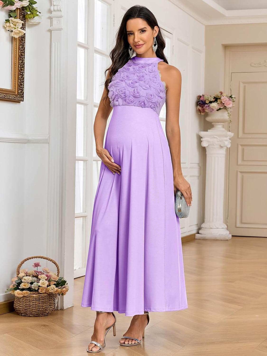 AISWI 3D Floral Halter Neck Maternity Dress Ribbed Elegant A Line Maxi Tie Back Pregnancy Dresses Baby Shower Photoshoot