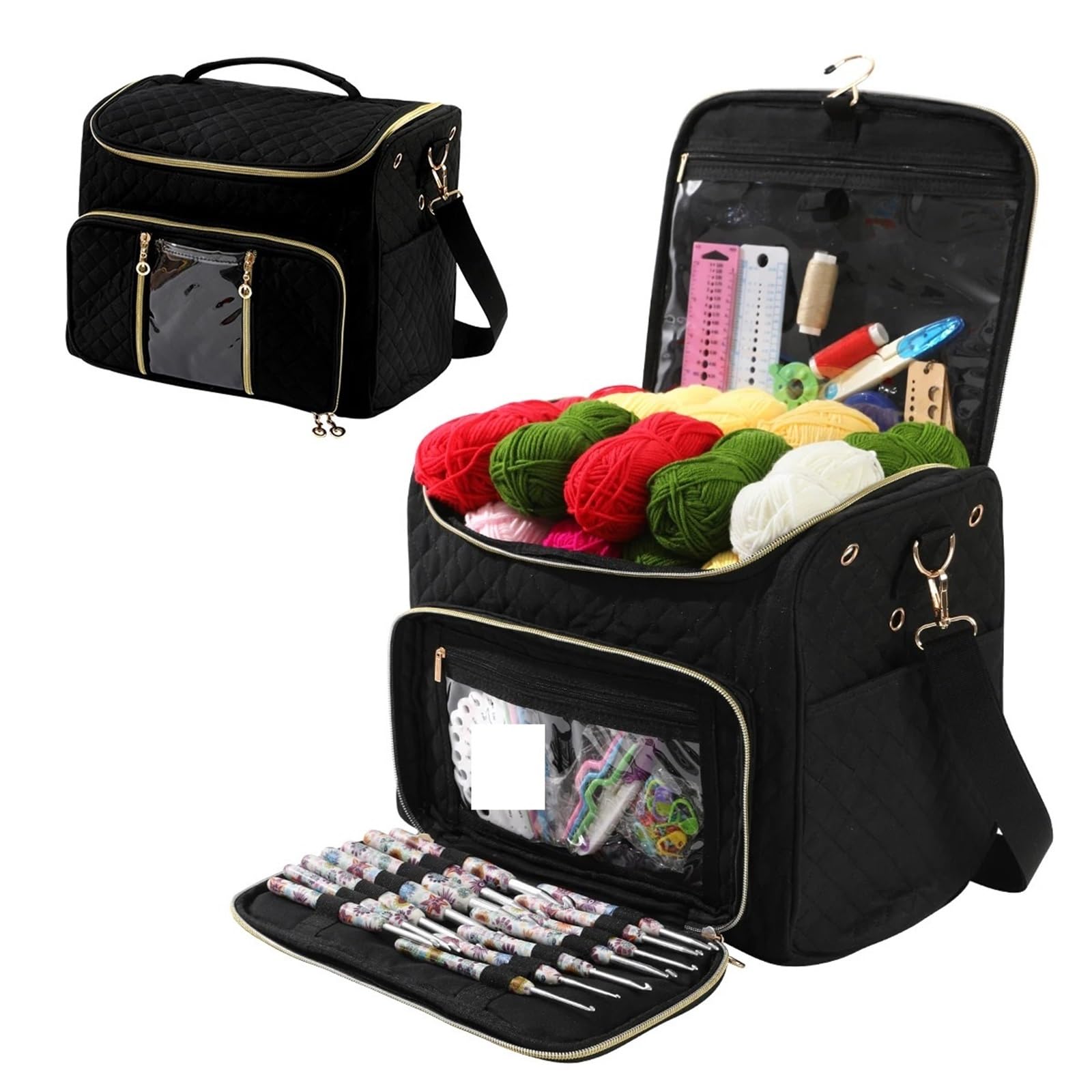 projekttasche für strickzeug Empty Knitting Storage Bag Crochet Multifunctional Tote Bags Large Capacity DIY Needle Arts Craft Yarn für Wolle und Strickzubehör(Black)