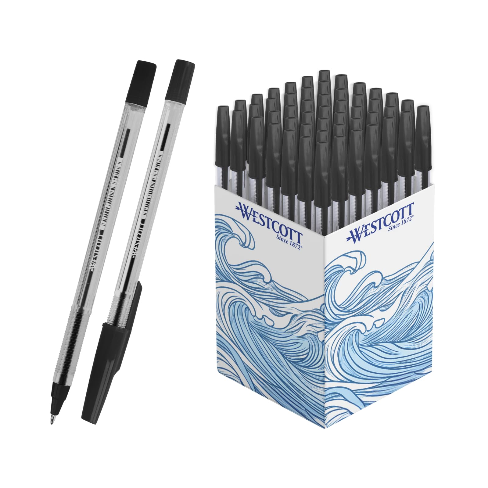 Westcott NOW ballpoint pen, 50 pieces, black | Document-proof according to ISO 12757-2 | Line width M 0.5 mm | Writing color black | Transparent barrel | E-745001 00