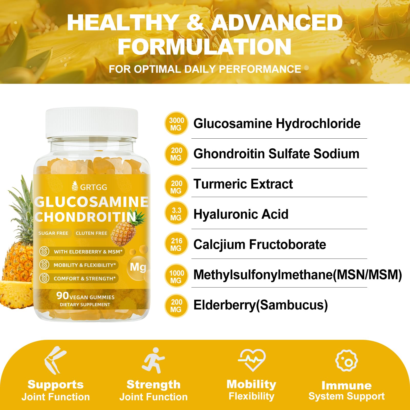 Glucosamine Chondroitin Gummies with MSM & Elderberry Extra Strength 3000MG - Joint Support, Antioxidant Immune Support Supplement for Adults, Men & Women - 90 Pineapple Gummies — Amazon image 2