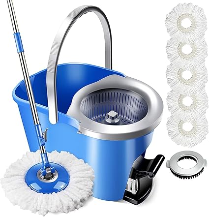 MASTERTOP Spin Mop Bucket System - Mop and Bucket with Wringer Set, Spin Mops with Bucket and Foot Pedal, 360 Spin Mop and Bucket, 5 Microfiber Mop Pads and 1 Floor Brush